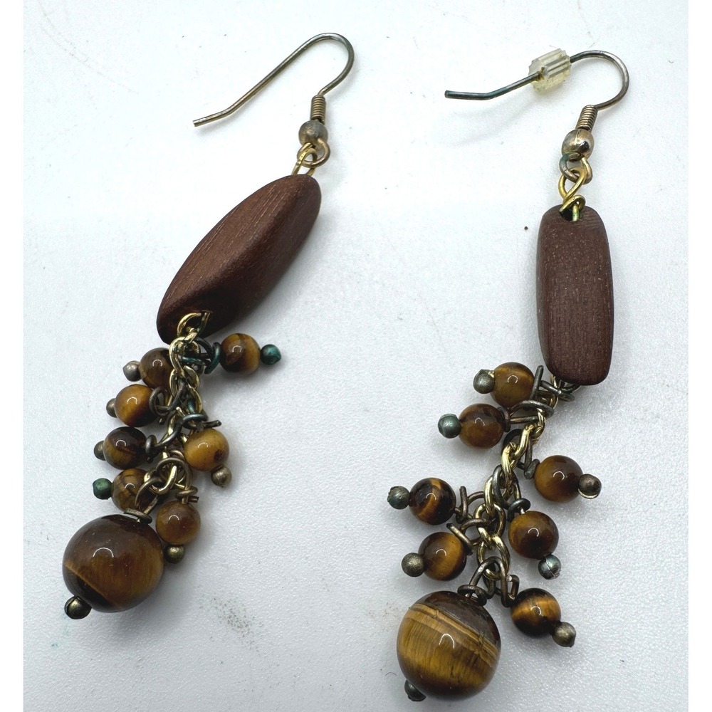 Tigers Eye Wood Bead Dangle Earrings Brown Gold Boho Cluster Drop Hook Artisan